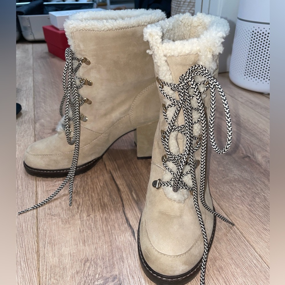 STUART WEITZMAN fur heeled lace up combat boot